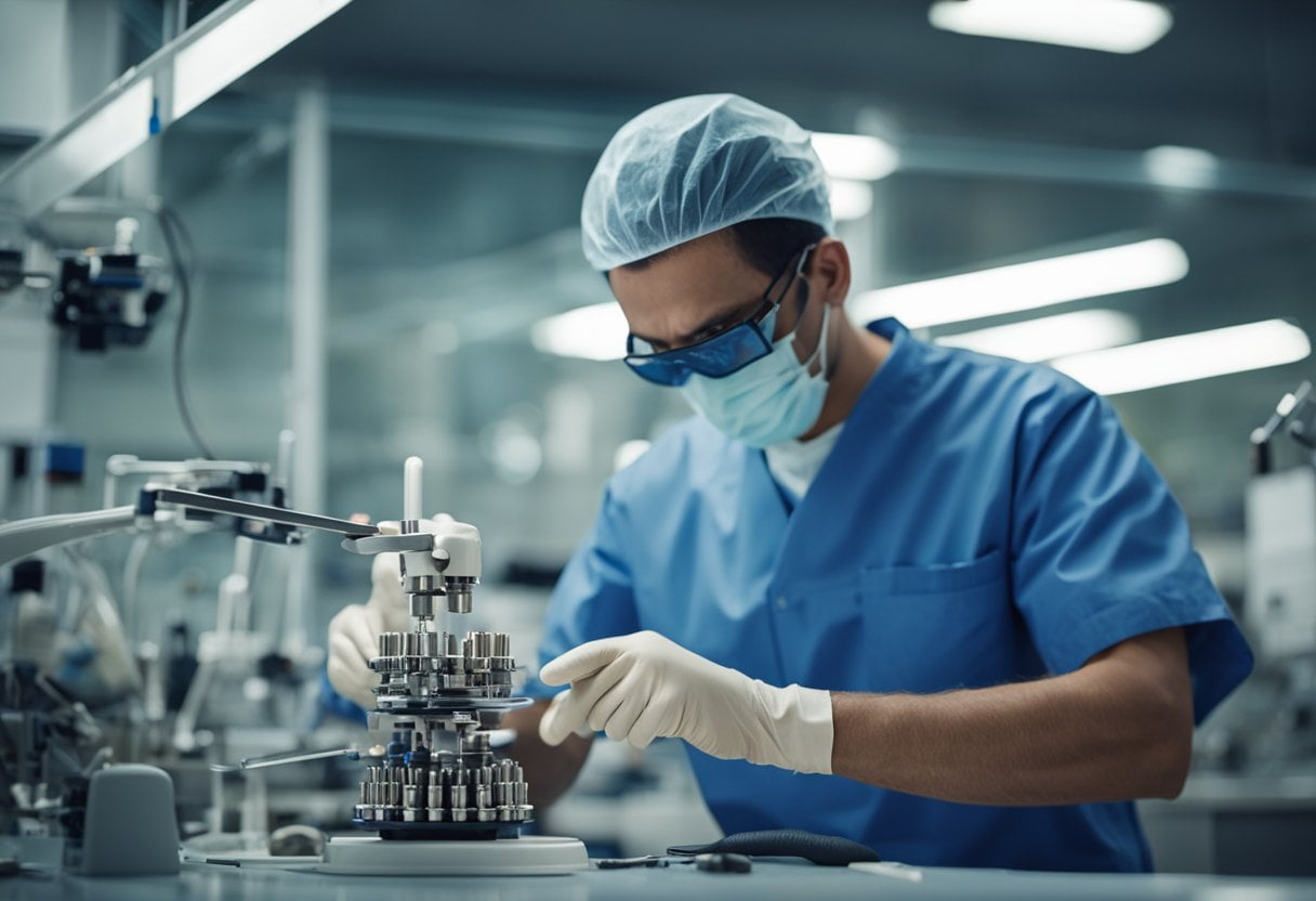 A dental technician carefully crafting various types of dental prosthetics in a well-lit and sterile laboratory setting