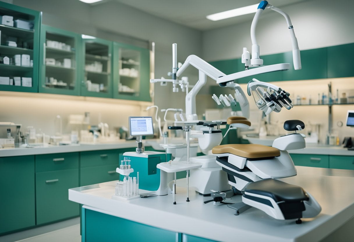 A dental laboratory with various tools and equipment for creating dental prosthetics. Bright lighting and detailed models on display